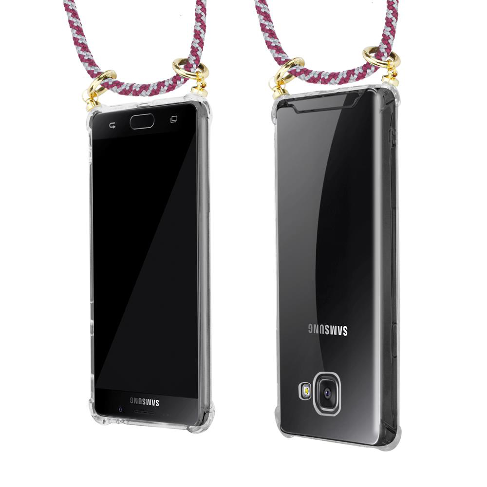 Dos fundas transparentes para teléfono con cordones unidas a un teléfono Samsung.