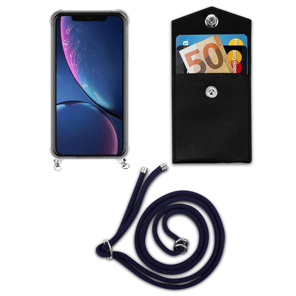 Uno smartphone in custodia, una tasca nera con banconota da 50 euro e carta, e un cordino.