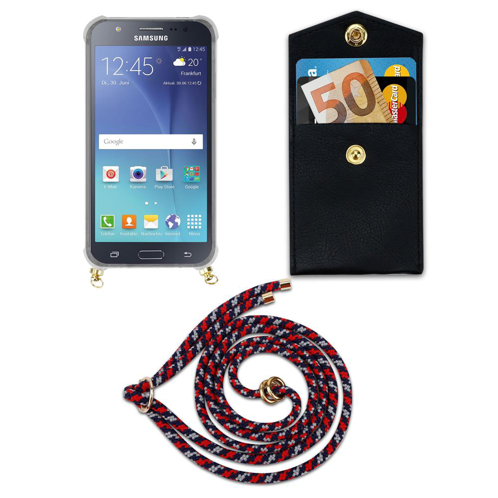 Smartphone con custodia, portafoglio con soldi e carte, e cordino.