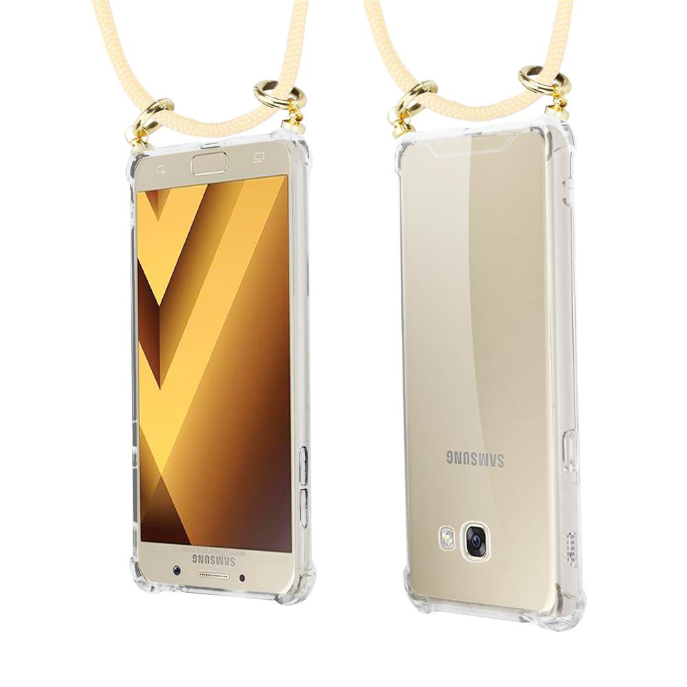 Due custodie trasparenti per telefono con laccetto crema, fronte e retro.