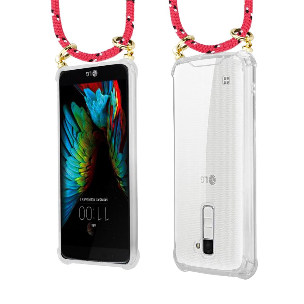 Ein Smartphone mit bunter Tastatur und roter Trageschlaufe. Rückseite ist transparent.