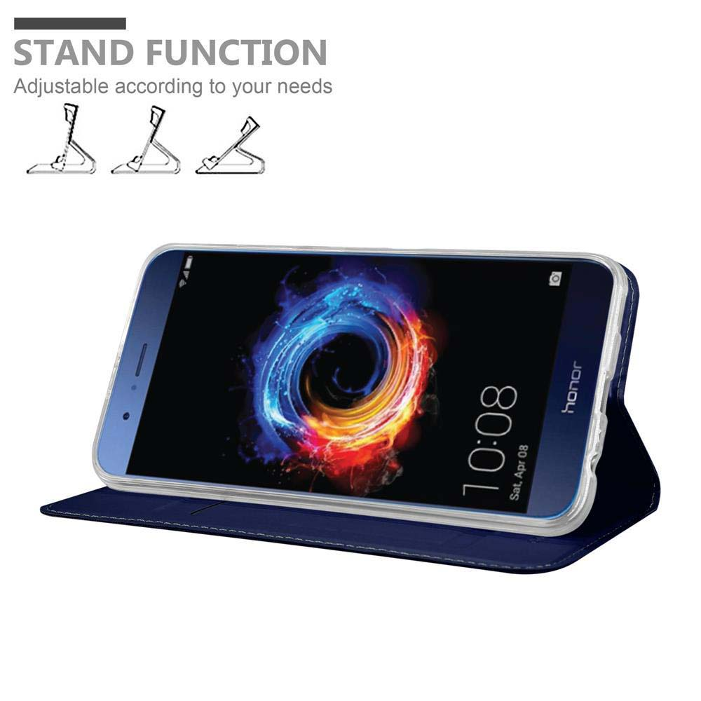Custodia blu per telefono con funzione stand e sfondo astratto.