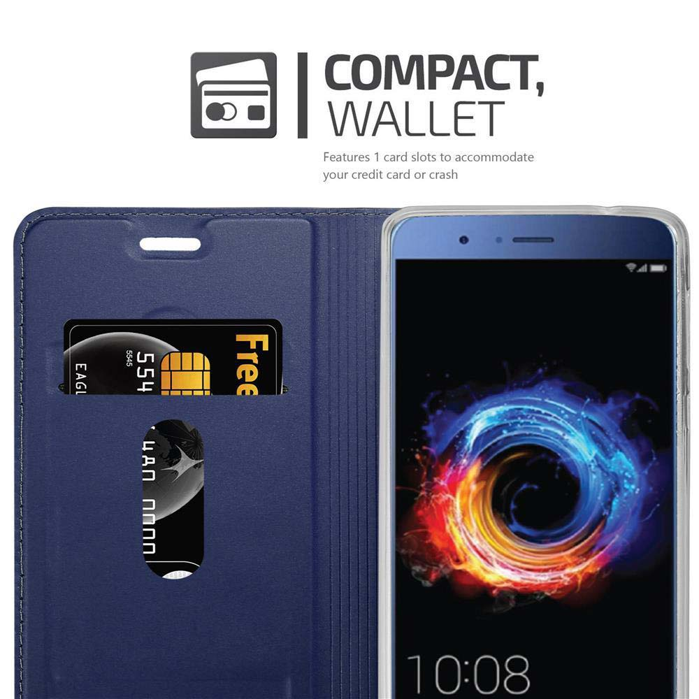 Custodia blu per telefono con slot per carte e smartphone con sfondo colorato.
