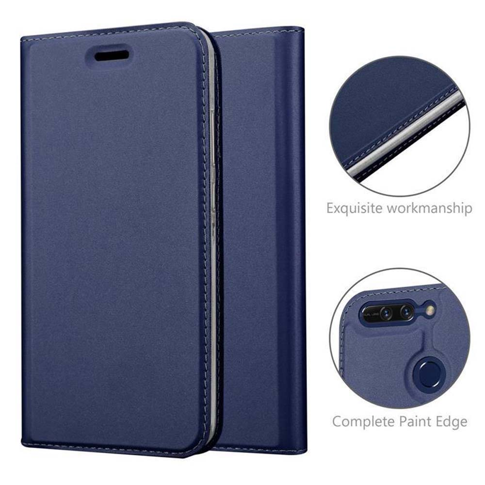 Custodia blu scuro a flip per telefono con cuciture, aperta e chiusa.