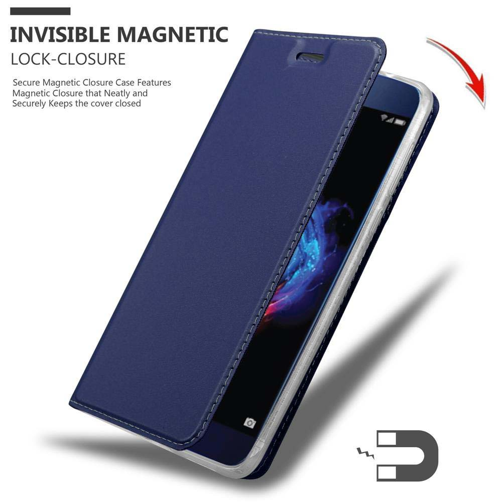 Custodia blu scuro per telefono con chiusura magnetica che protegge uno smartphone.