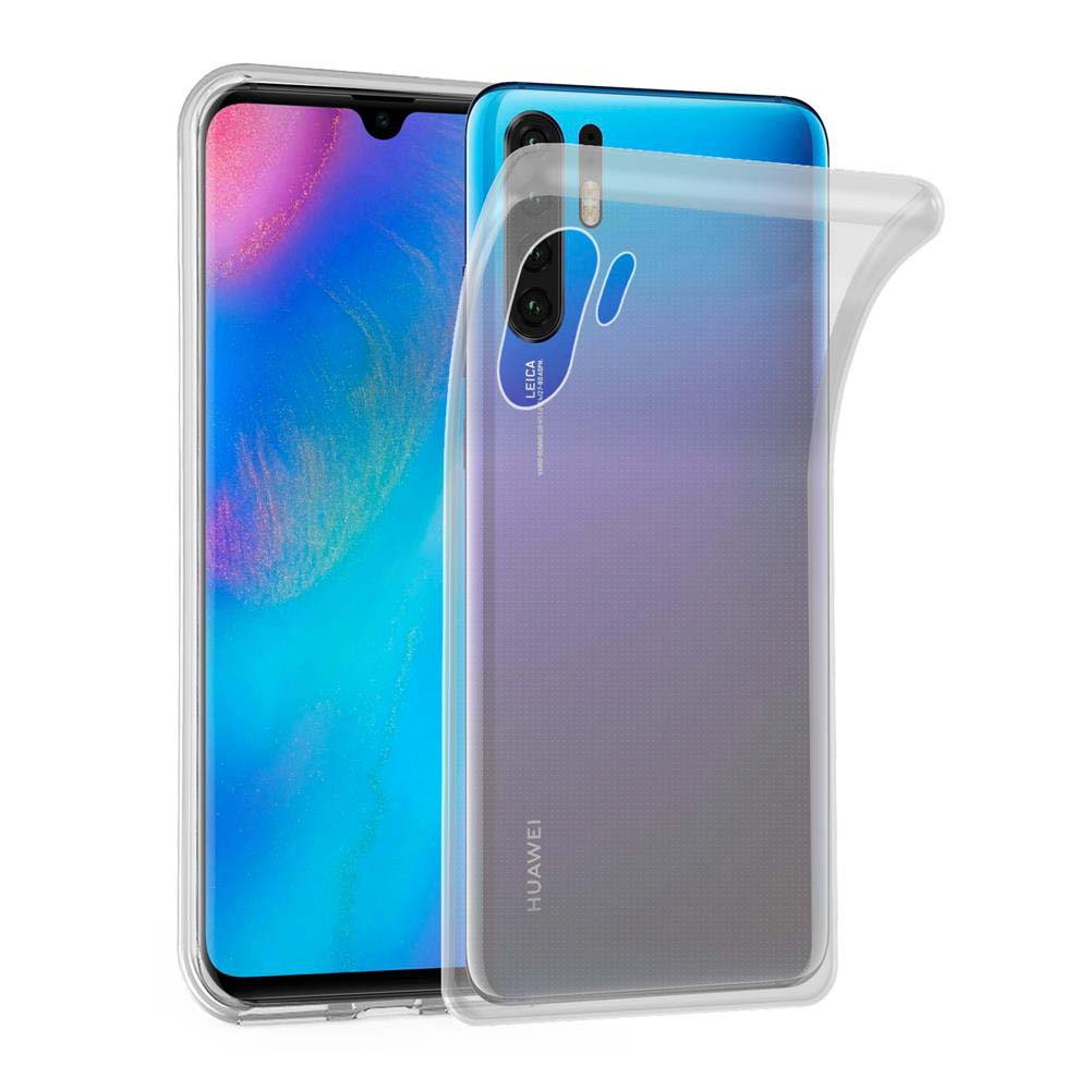 Ein durchsichtiges Handyhülle liegt über einem Huawei Smartphone.