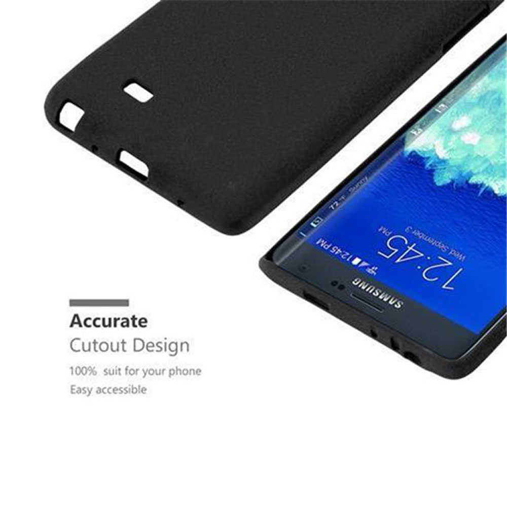 Funda negra para teléfono junto a un smartphone que muestra las 12:45.