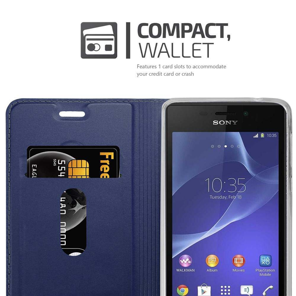 Blaue Brieftaschenhülle mit Sony-Telefon, Uhrzeit 10:35 und Apps.