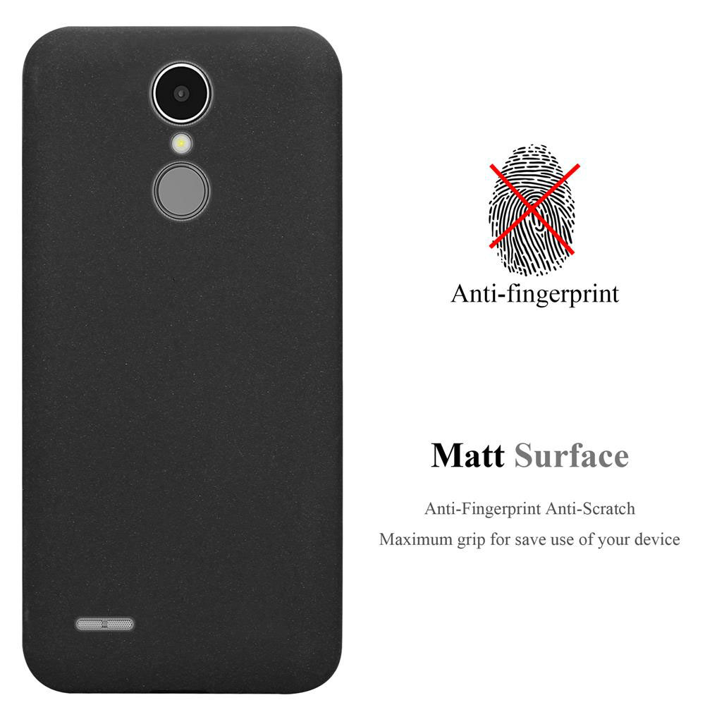 Custodia nera per telefono con obiettivo e flash. Testo: Antigraffio, Superficie opaca.