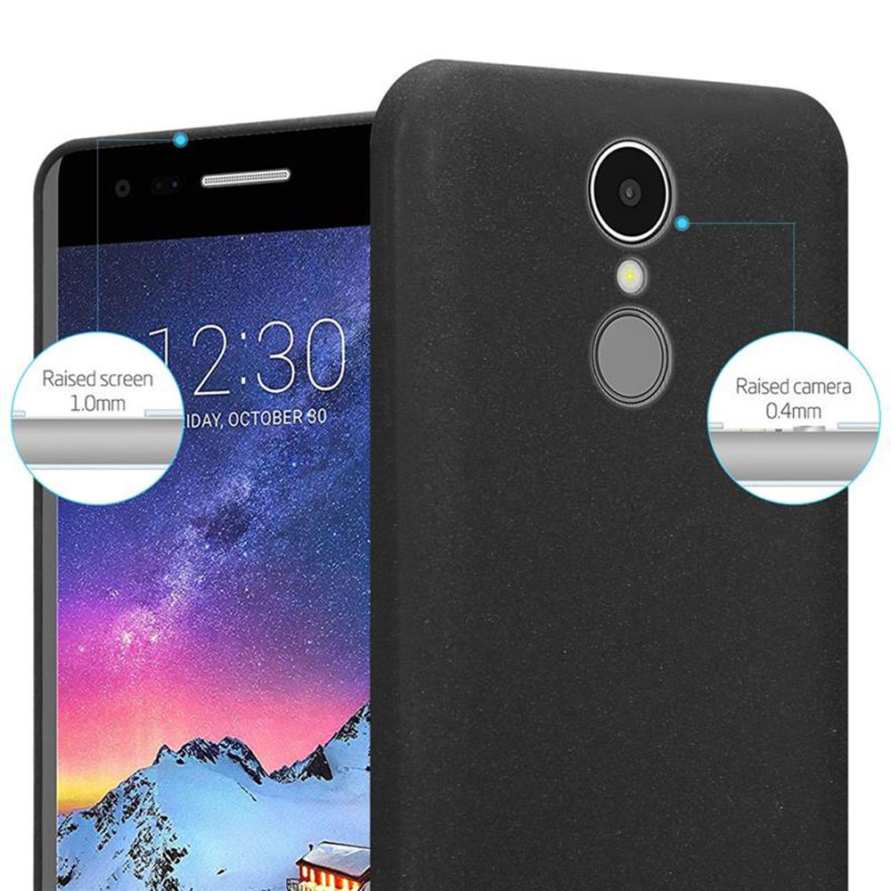 Custodia nera per telefono mostra fotocamera e schermo rialzati.