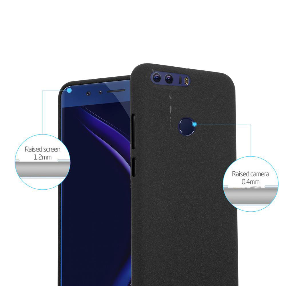 Custodia nera per telefono mostra bordi rialzati per schermo e fotocamera.