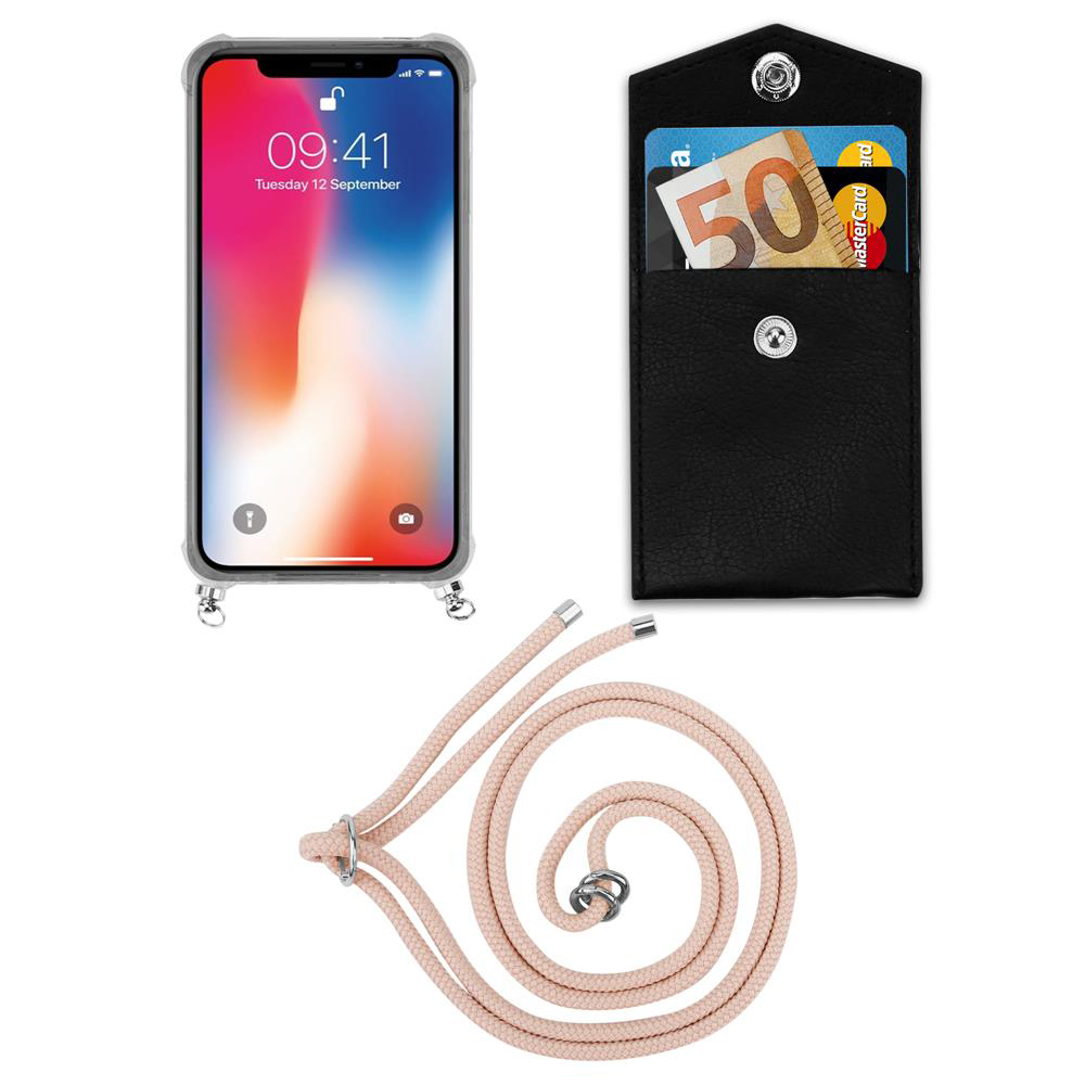 Smartphone con schermata di blocco, custodia nera con banconota e carta, tracolla.