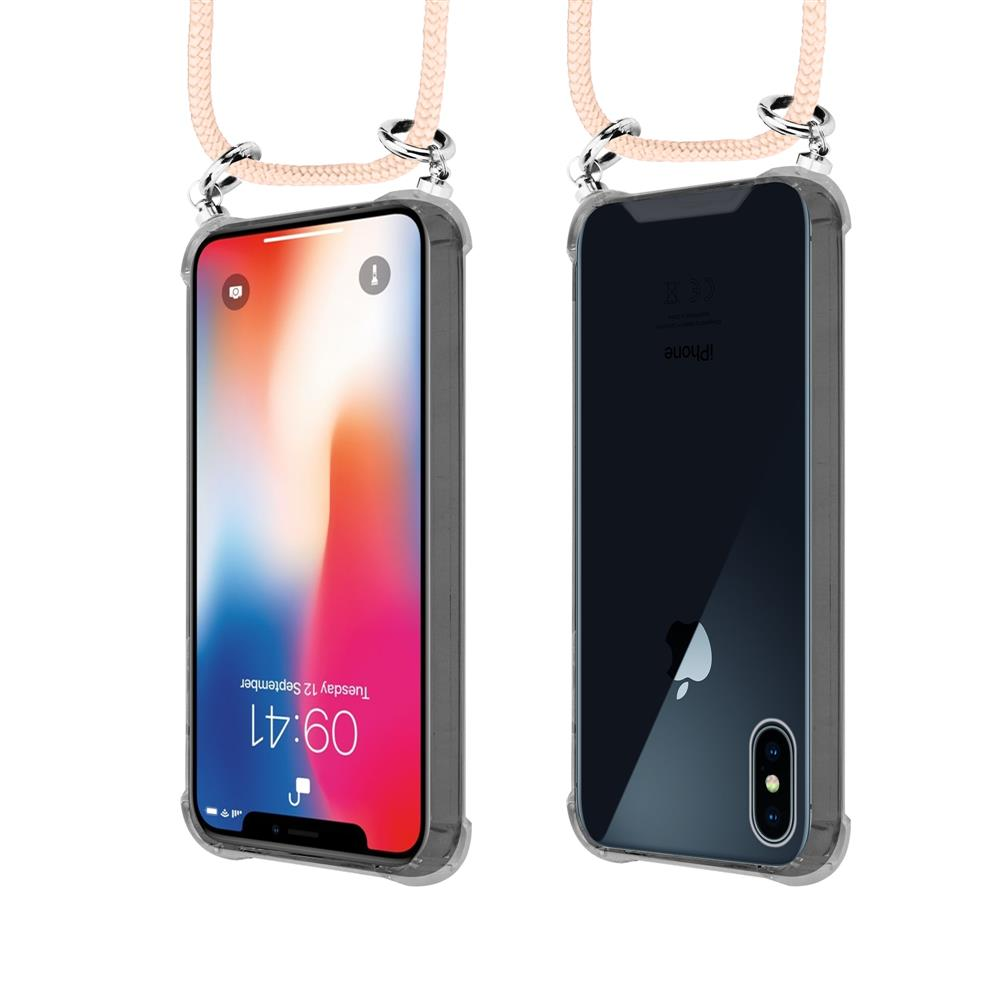 iPhone con laccetto rosa, viste frontale e posteriore affiancate.