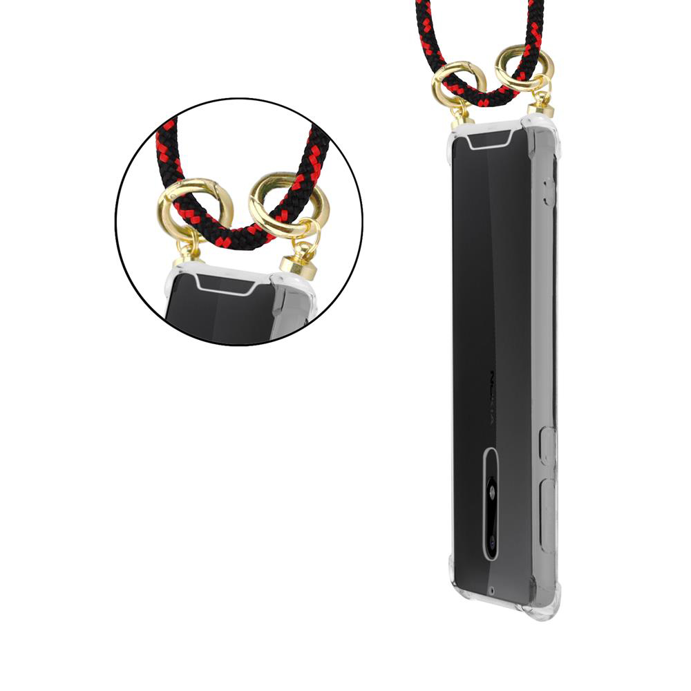 Transparente Handyhülle mit rotem/schwarzem Lanyard und goldenen Ringen.