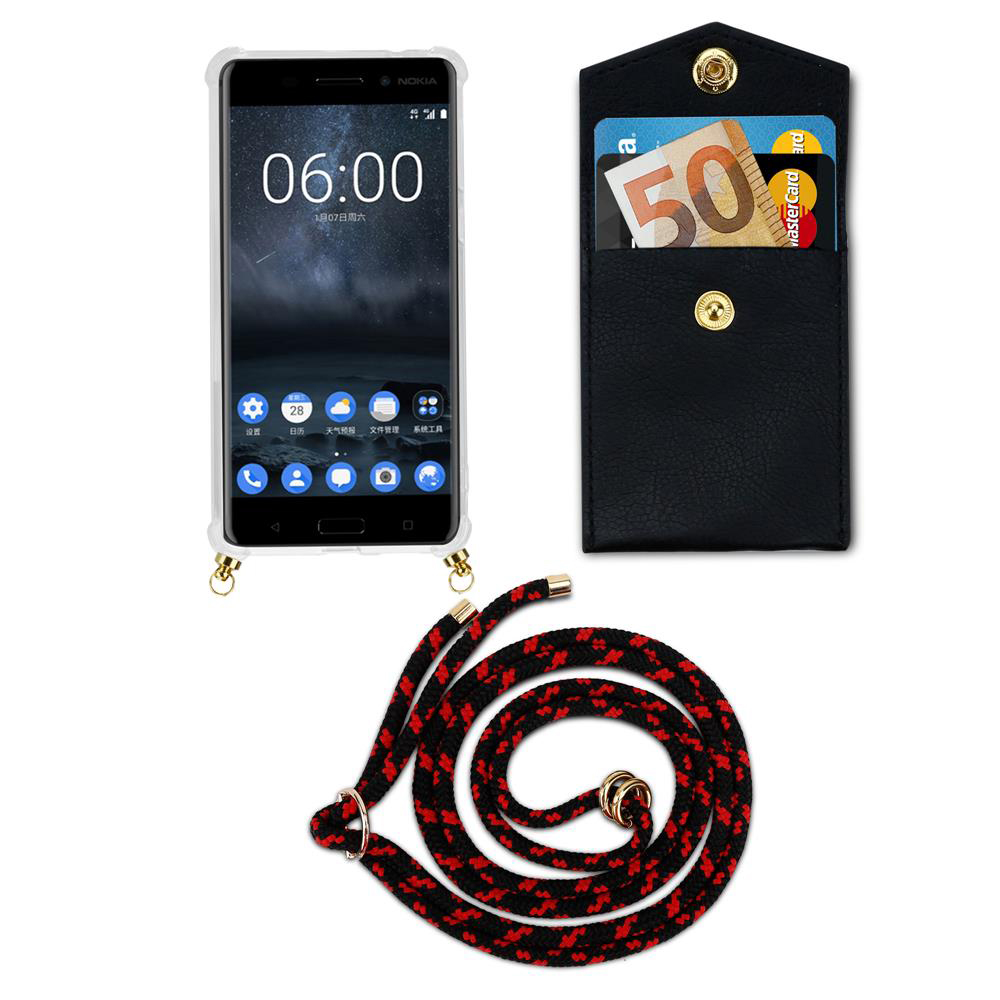 Nokia Handy mit schwarzer Kartenhülle und rotem/schwarzem Trageband.