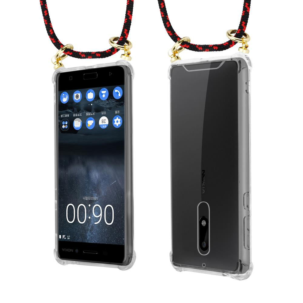 Zwei Nokia-Handys in transparenten Hüllen, mit Lanyards befestigt.