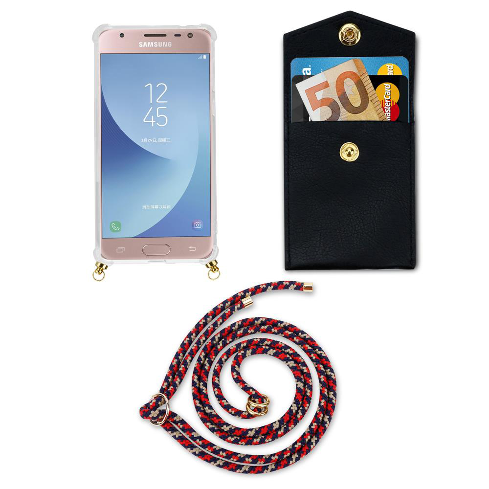 Un Samsung in custodia, un portafoglio nero con carte e soldi, e un laccio.