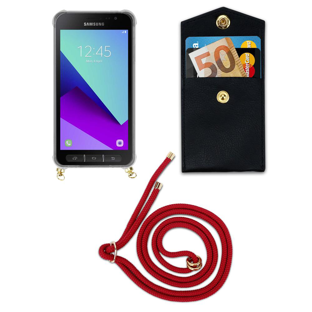 Telefono Samsung con cordino rosso e porta carte nero con banconota da 50 euro.