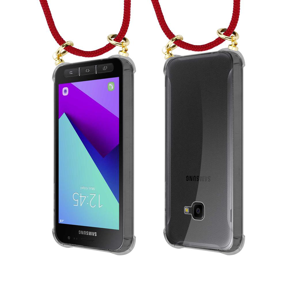 Due telefoni Samsung in custodie trasparenti con cordini rossi.