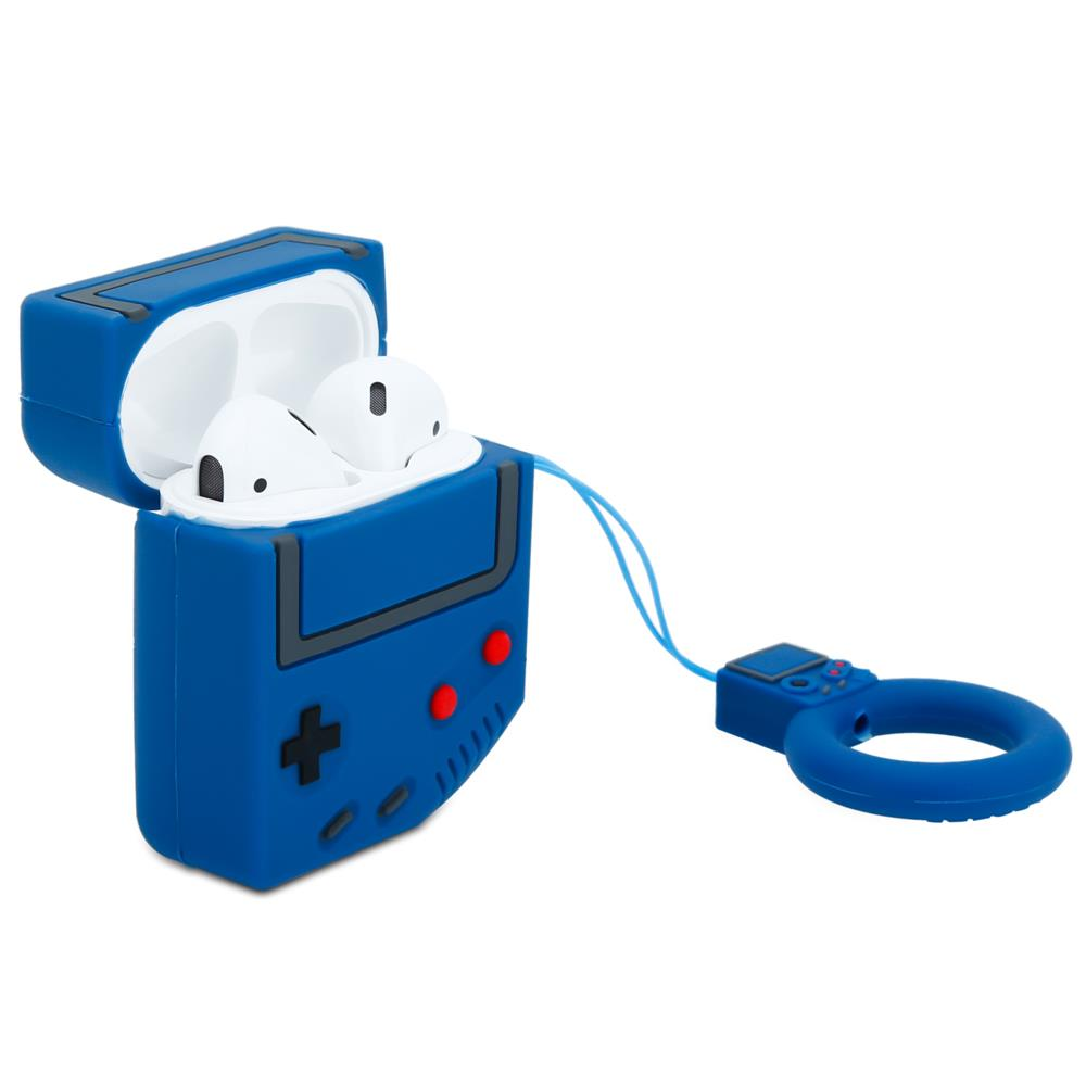 Blaues AirPod-Etui im Gameboy-Design mit weißen AirPods und Schlüsselanhänger.