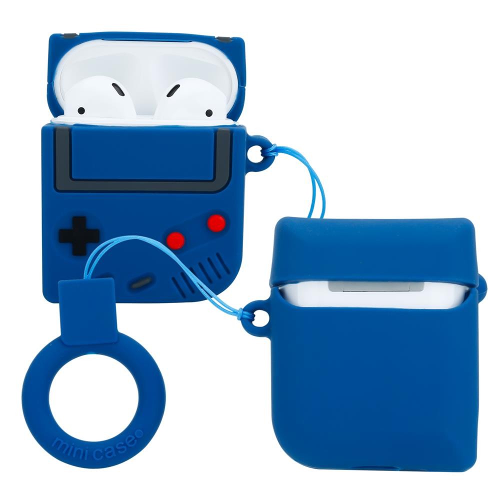 Blaue Kopfhörerhülle in Gameboy-Optik mit offenen und geschlossenen Teilen.
