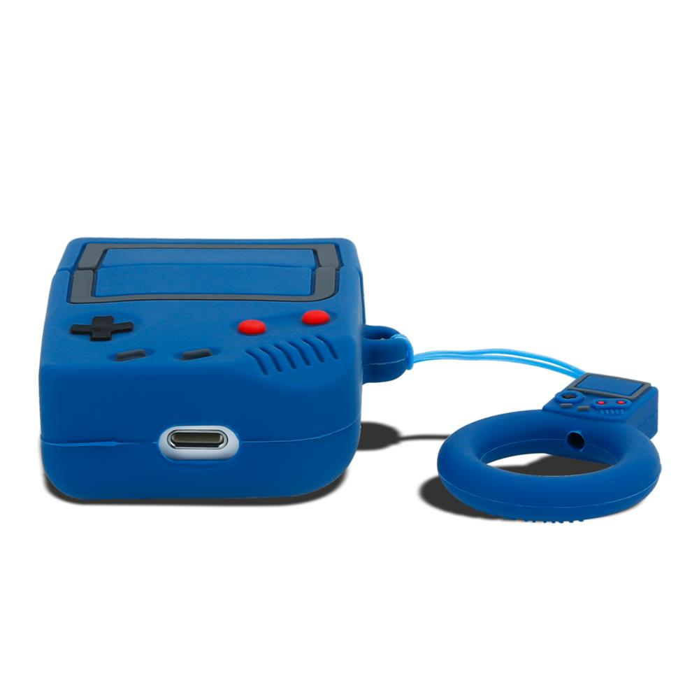 Ein blauer Schutz für Kopfhörer im Stil eines Gameboys mit einem Ring.