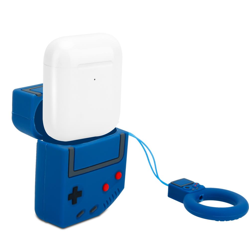 Ein weißes AirPods-Etui in einer blauen Hülle im Stil eines Gameboys mit Griff.