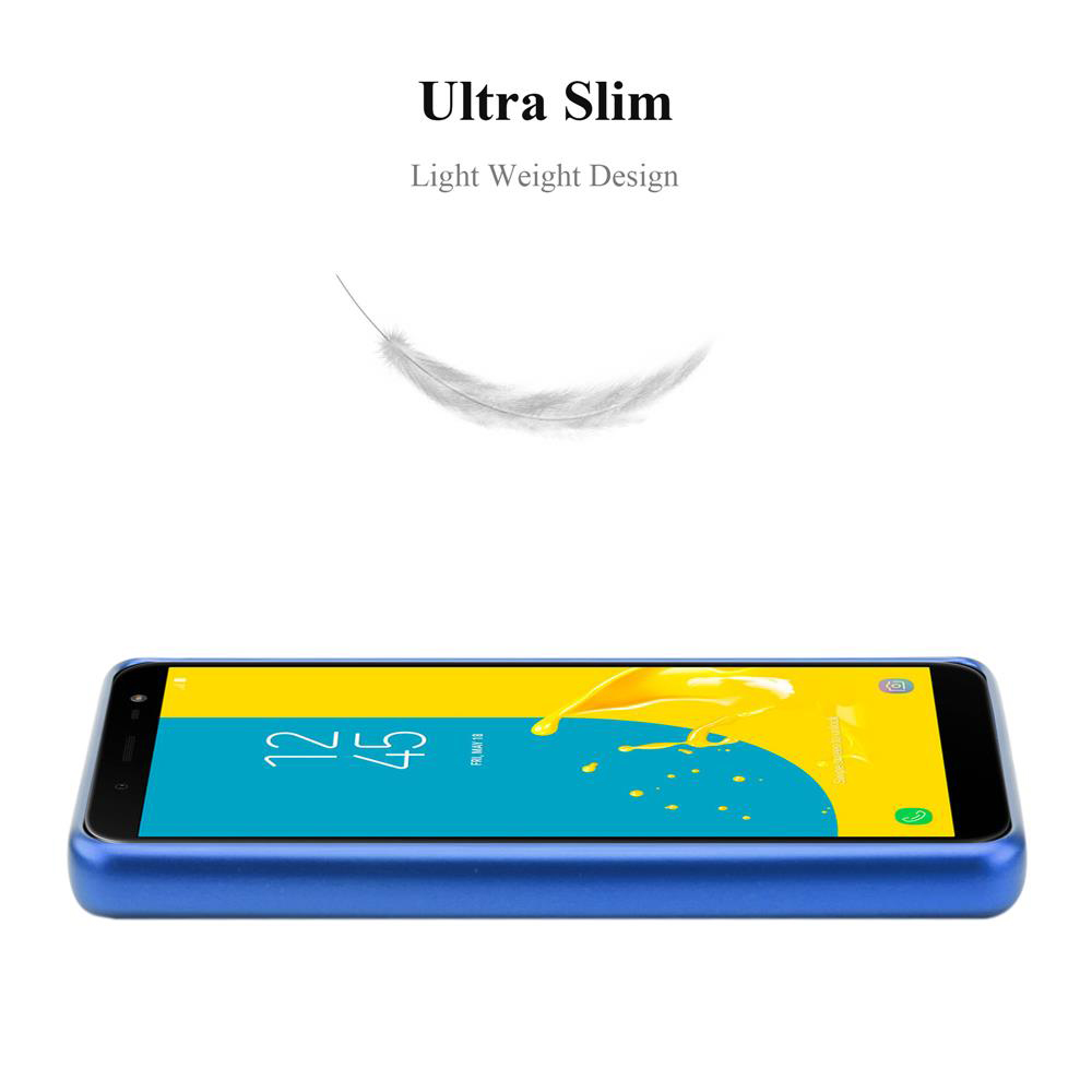 Una custodia blu per smartphone con un'icona di piuma e testo "Ultra Slim".