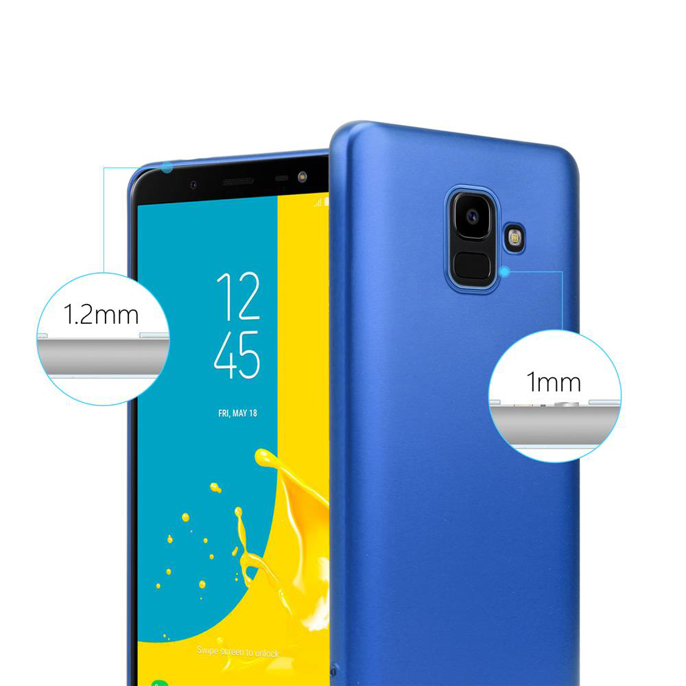 Un telefono blu con custodia. Mostra misurazioni di 1,2mm e 1mm.
