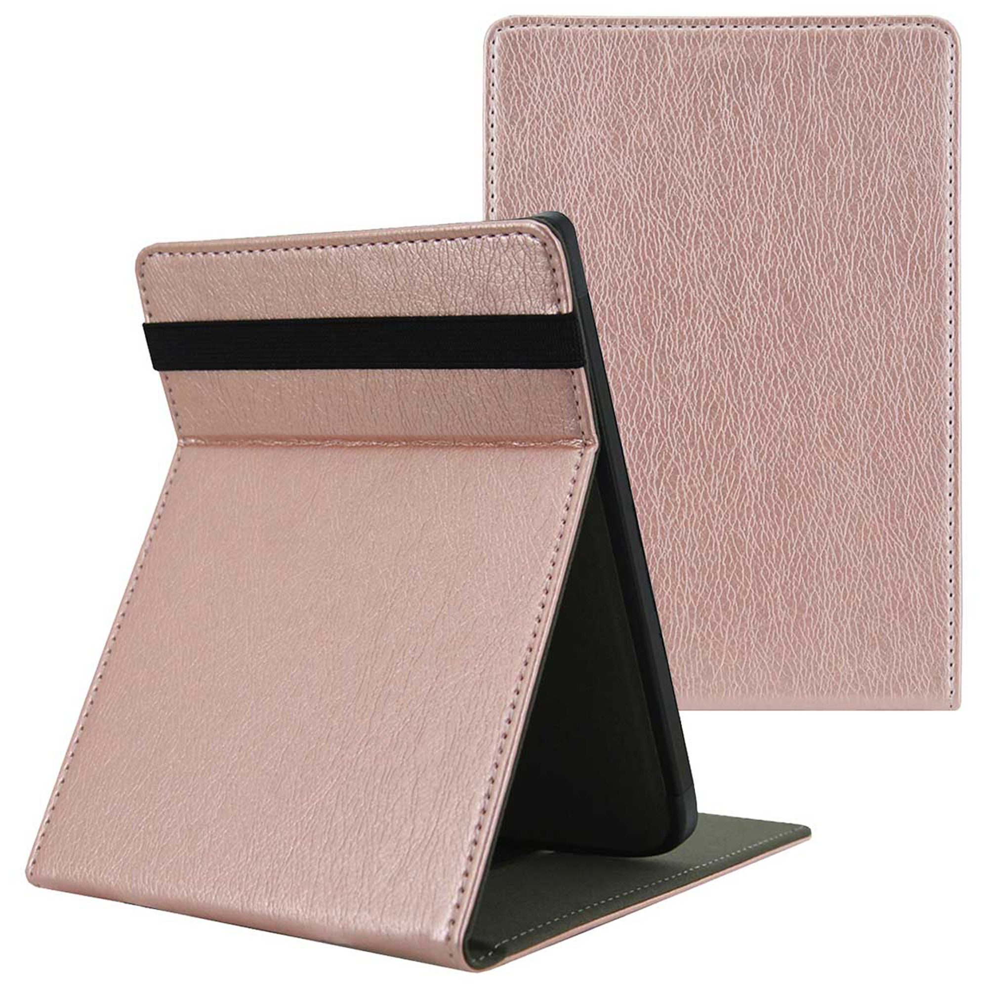 Étui rose pour tablette avec élastique noir, posé