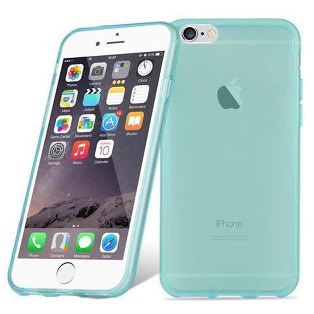 Un iPhone 6 verde acqua in custodia trasparente, viste fronte e retro.