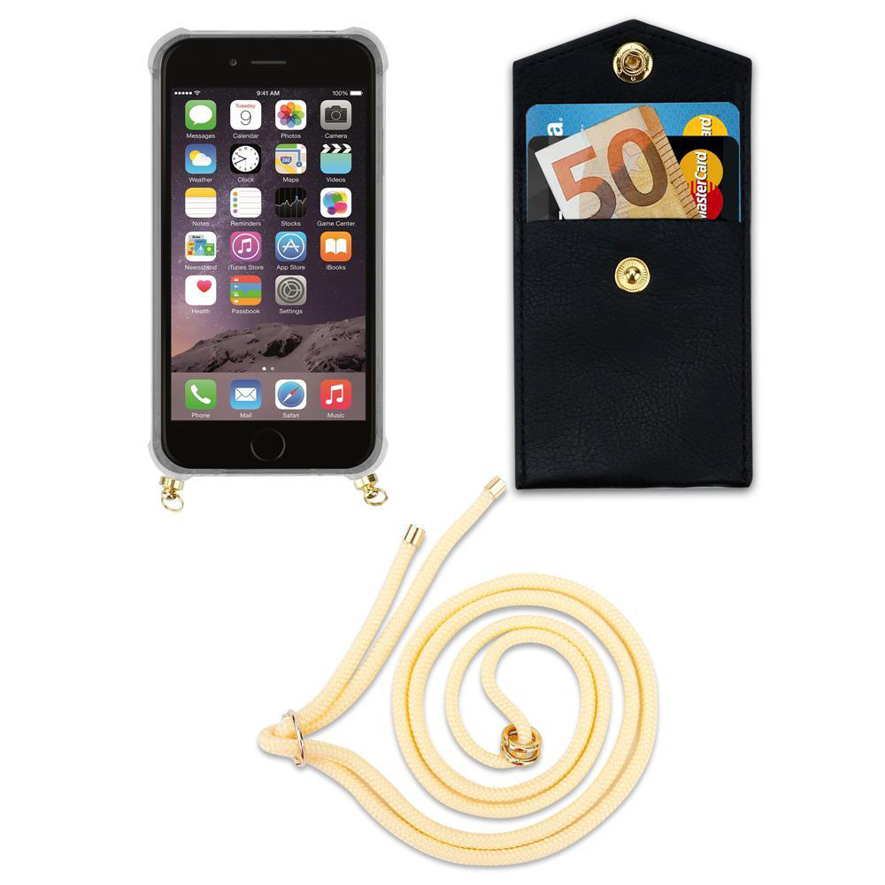 Portafoglio nero con carte e banconote, accanto a uno smartphone e un cordino.