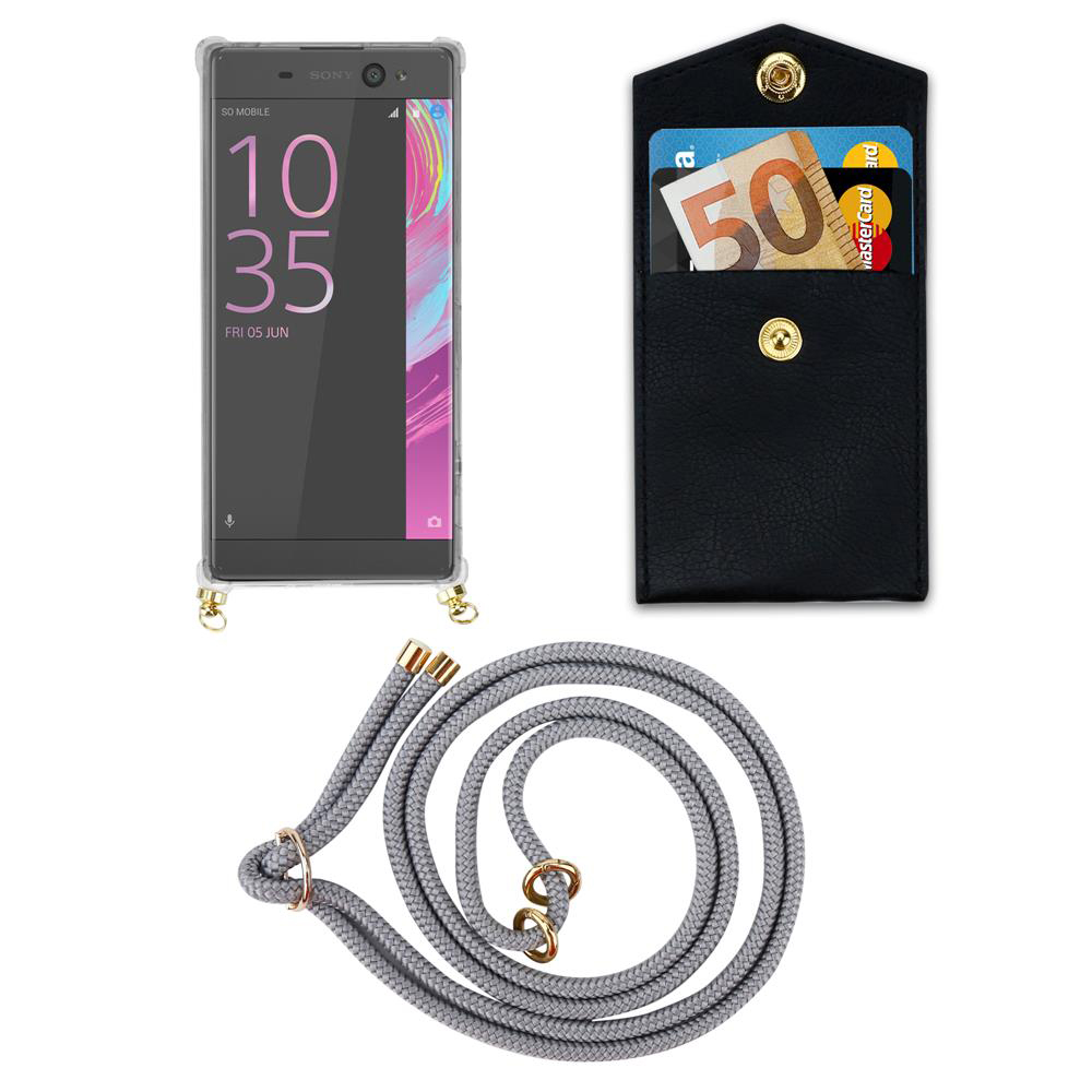 Sony Smartphone mit transparentem Hülle, schwarze Kartenhalter mit Geld, graues Band.