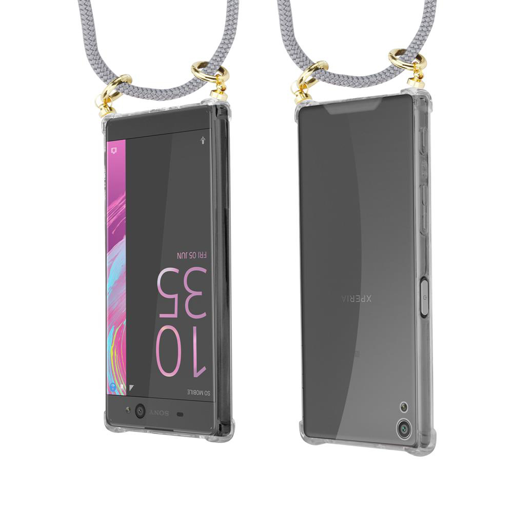 Vorder- und Rückansicht eines Sony Xperia-Handys in durchsichtiger Hülle mit grauer Lanyard.
