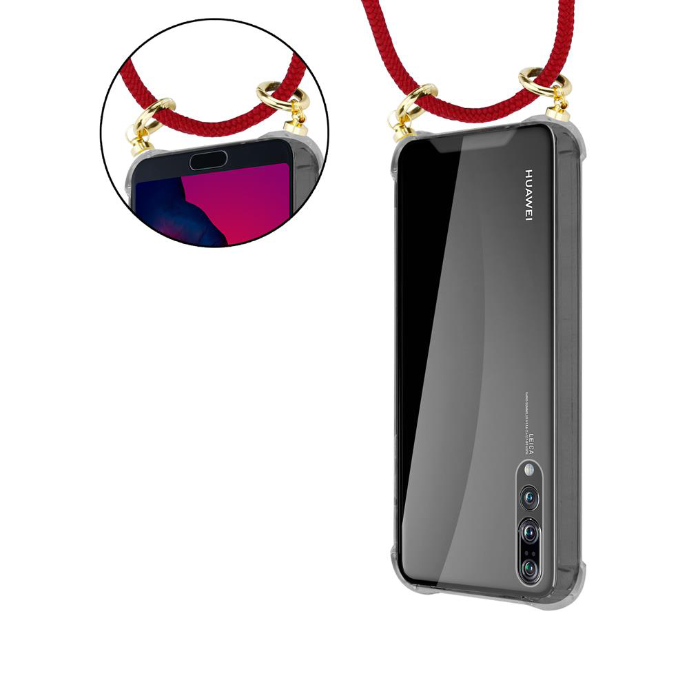 Uno smartphone in custodia trasparente con laccetto rosso.
