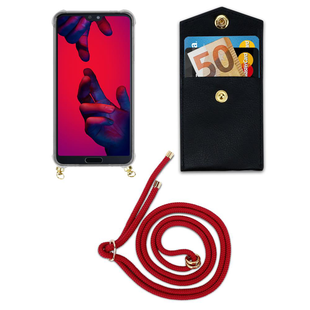 Uno smartphone in custodia trasparente con cordino rosso, accanto a un portafoglio nero con carte e contanti.