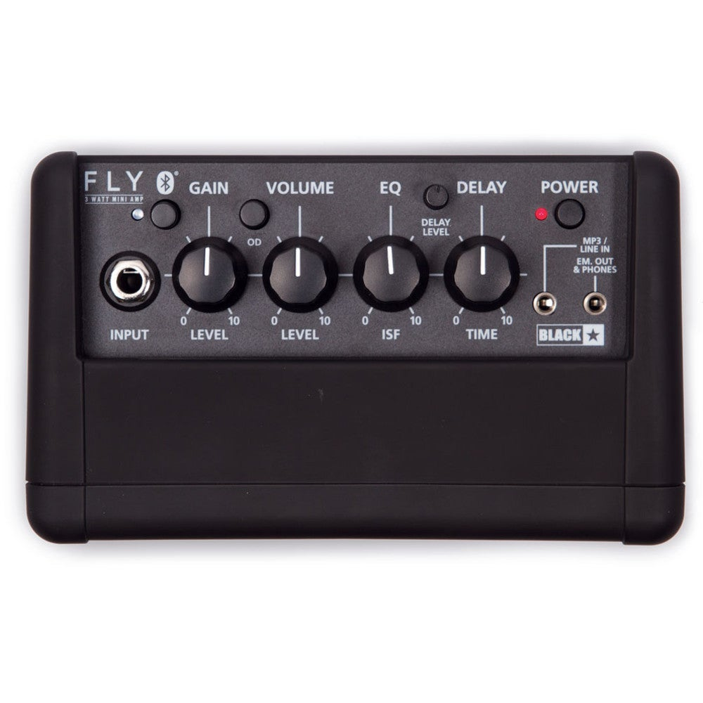 Czarny mini wzmacniacz gitarowy z pokrętłami gain, volume, EQ, delay i zasilania.