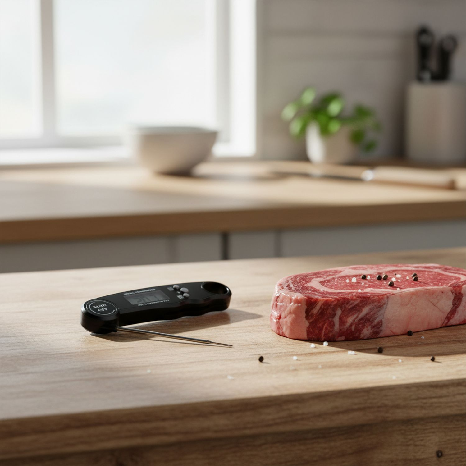 Ein rohes Steak liegt auf einem Holztisch neben einem schwarzen Fleischthermometer.