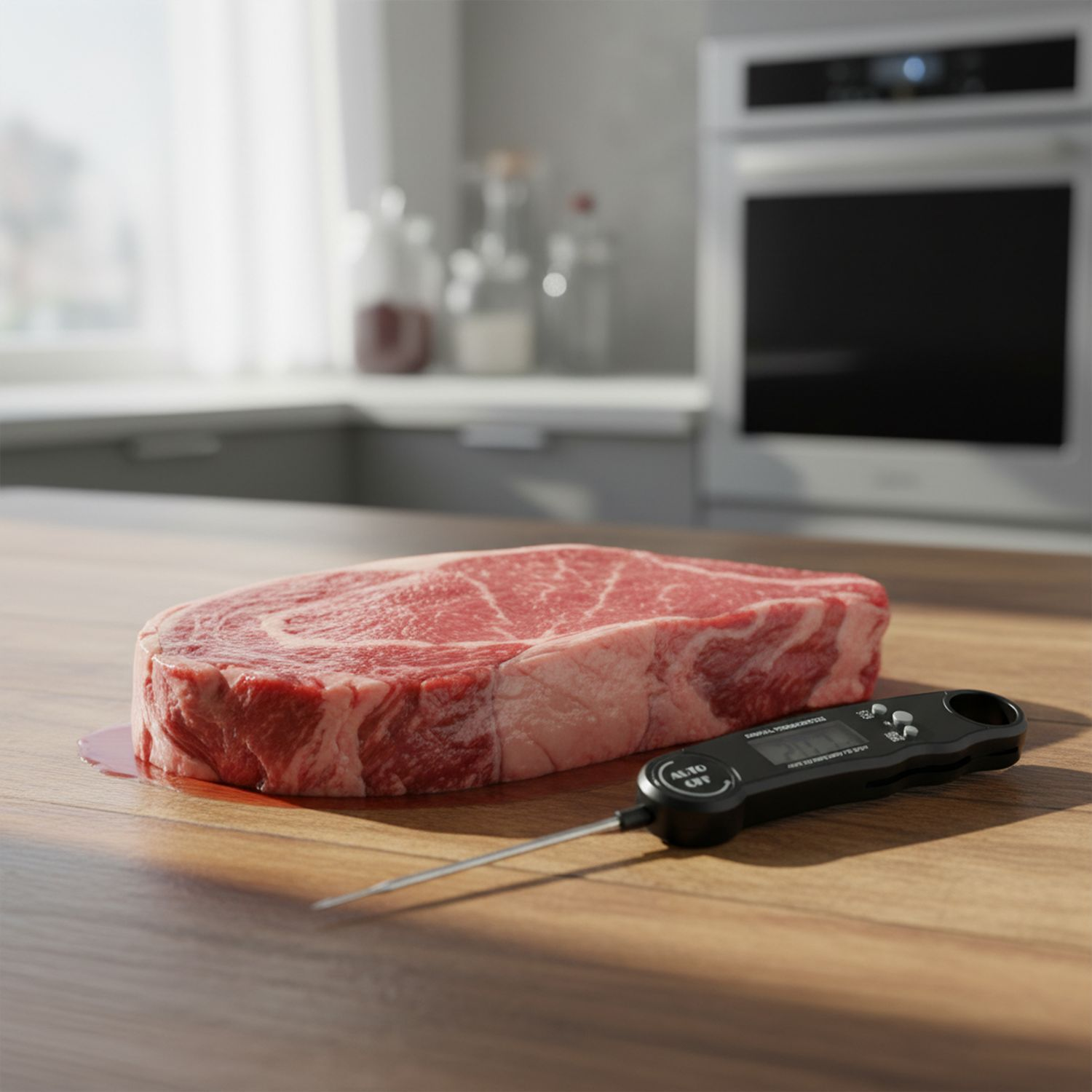 Ein rohes Steak liegt auf einem Holztisch neben einem digitalen Fleischthermometer.