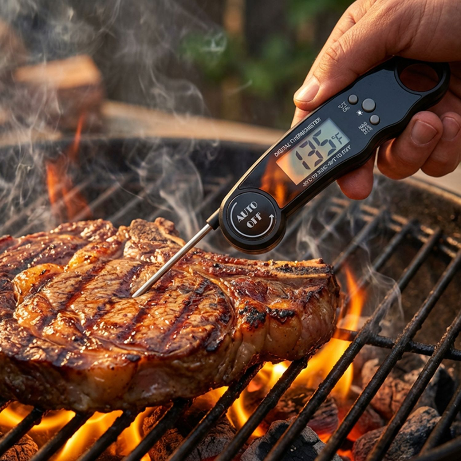 Ein Steak wird auf einem Grill mit einer Fleischsonde gemessen, die 135°F anzeigt.