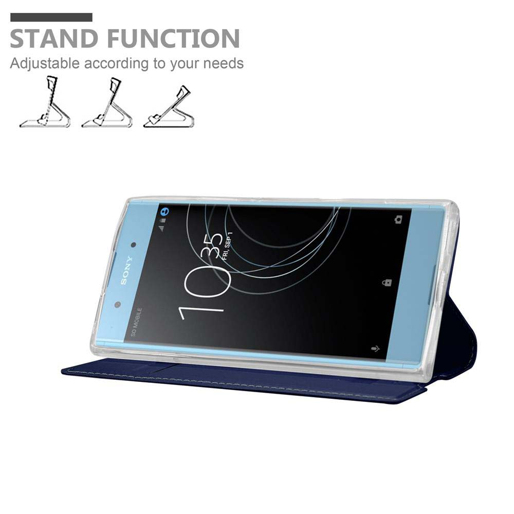 Sony-Smartphone in einer blauen Hülle mit Ständerfunktion, die drei Winkel zeigt.