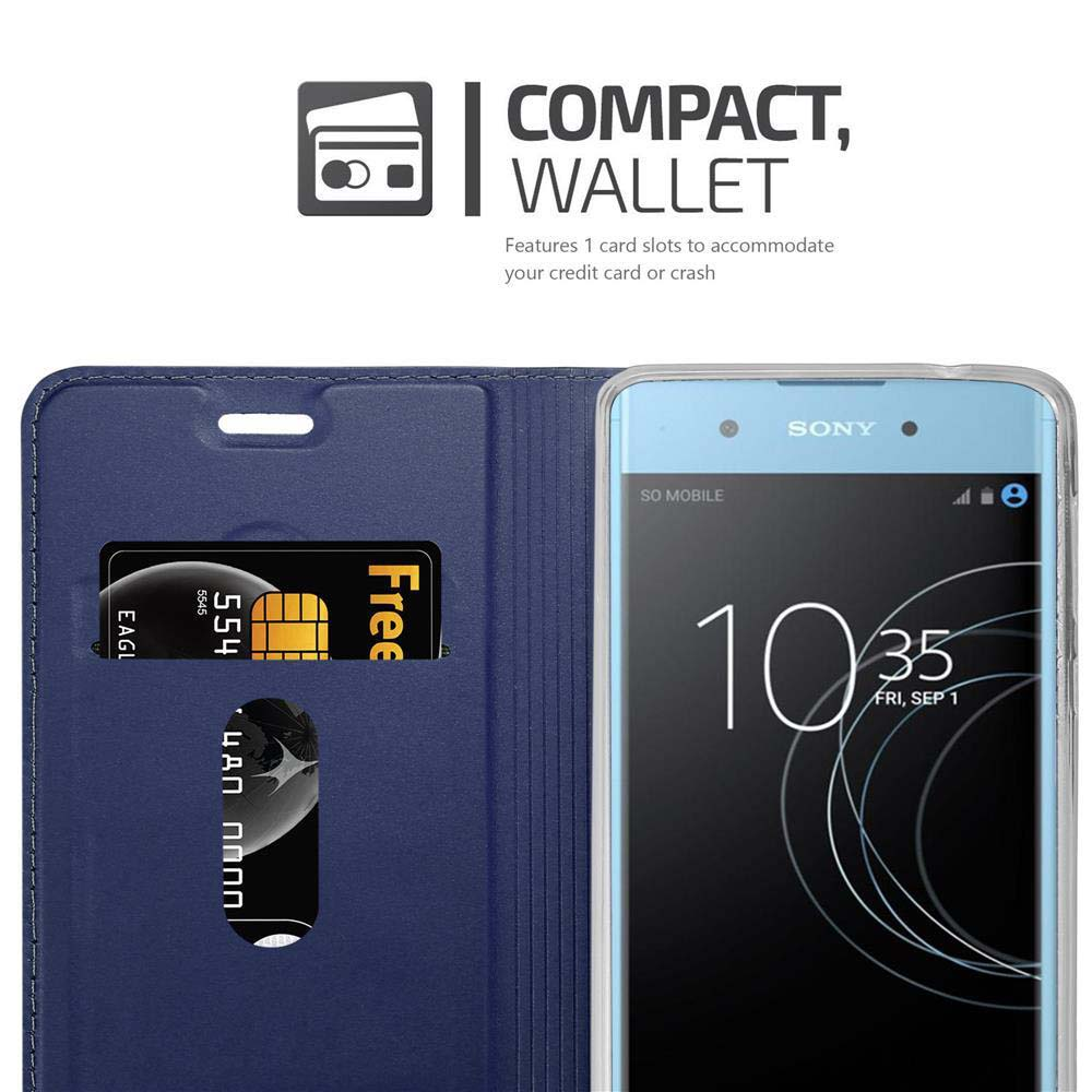 Blaue Wallet-Hülle mit Sony-Telefon und zwei Kartenfächern.
