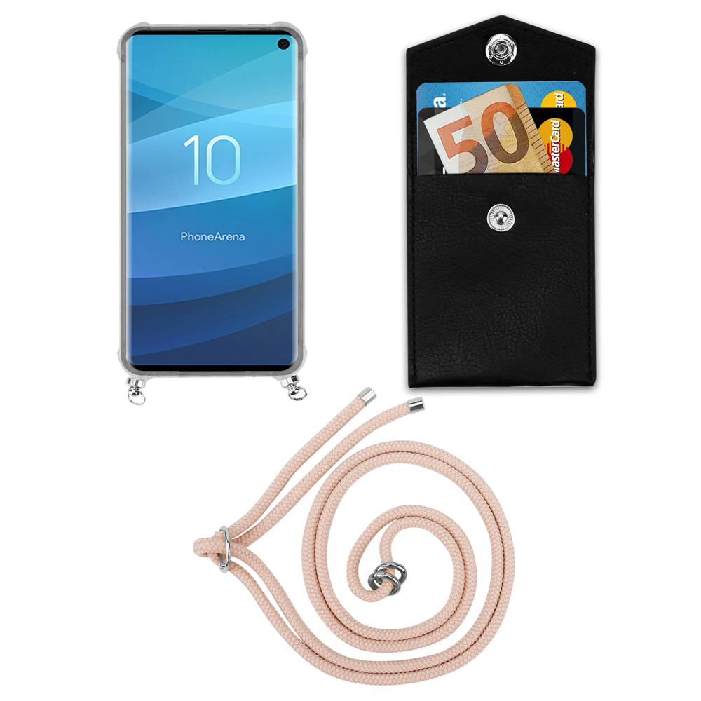 Smartphone, portafoglio con banconota da 50€ e carta di credito, e cordino.