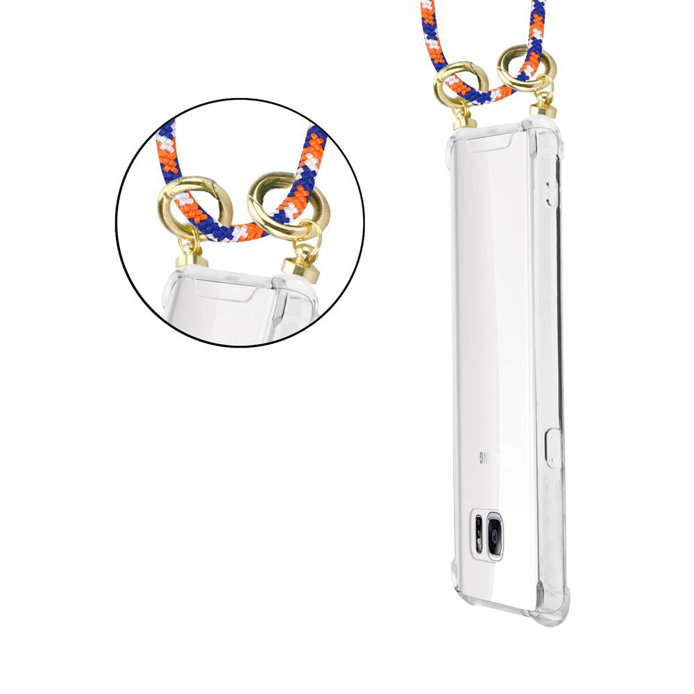 Uno smartphone in una custodia trasparente con cordino multicolore.