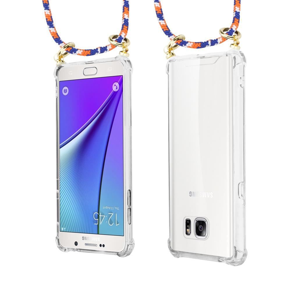 Uno smartphone in una custodia trasparente con un cordino colorato.
