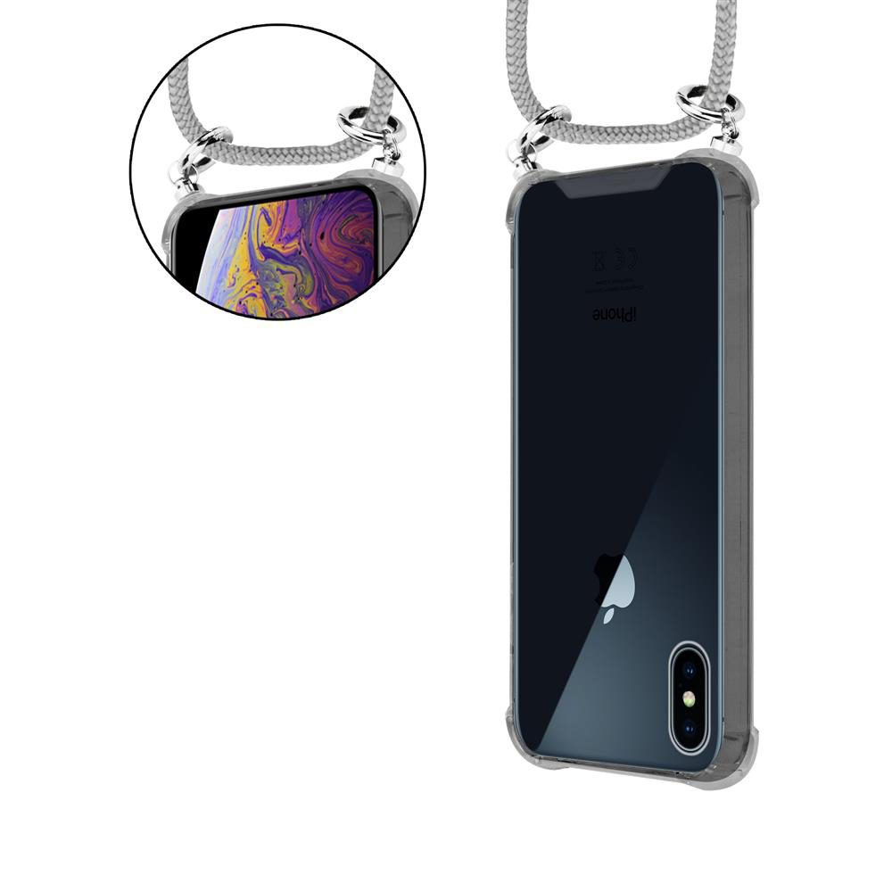 Ein transparentes iPhone-Gehäuse mit einem grauen Band, das an Metallringen befestigt ist.