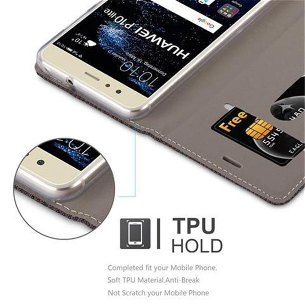 Un Huawei P10 Lite in una custodia grigia con carta 'Free' e testo 'TPU HOLD'.