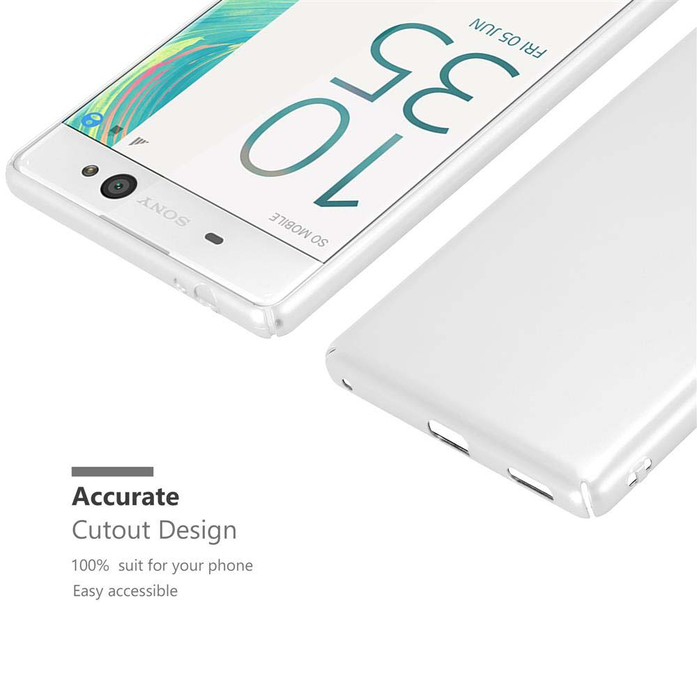 Uno smartphone Sony bianco con una custodia protettiva accanto.