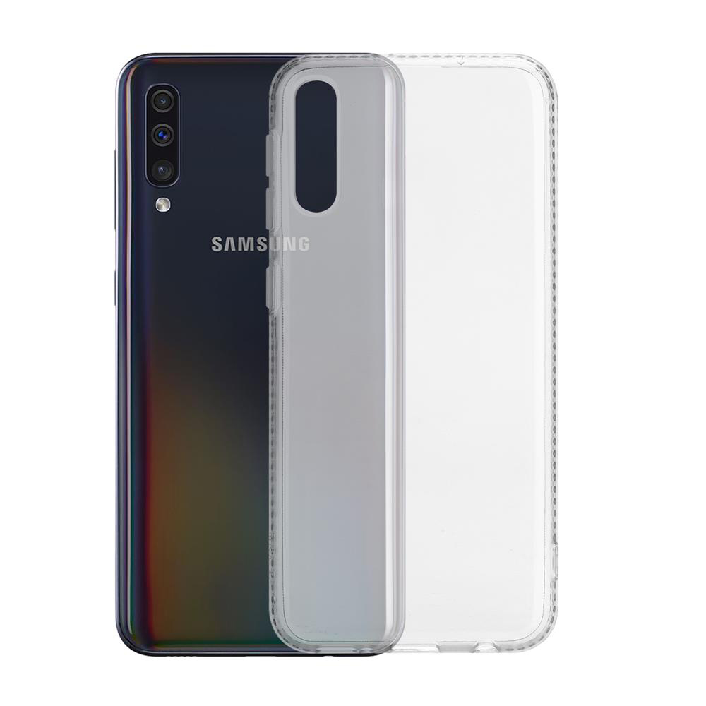 Uno smartphone Samsung scuro giace accanto a una custodia per telefono trasparente.