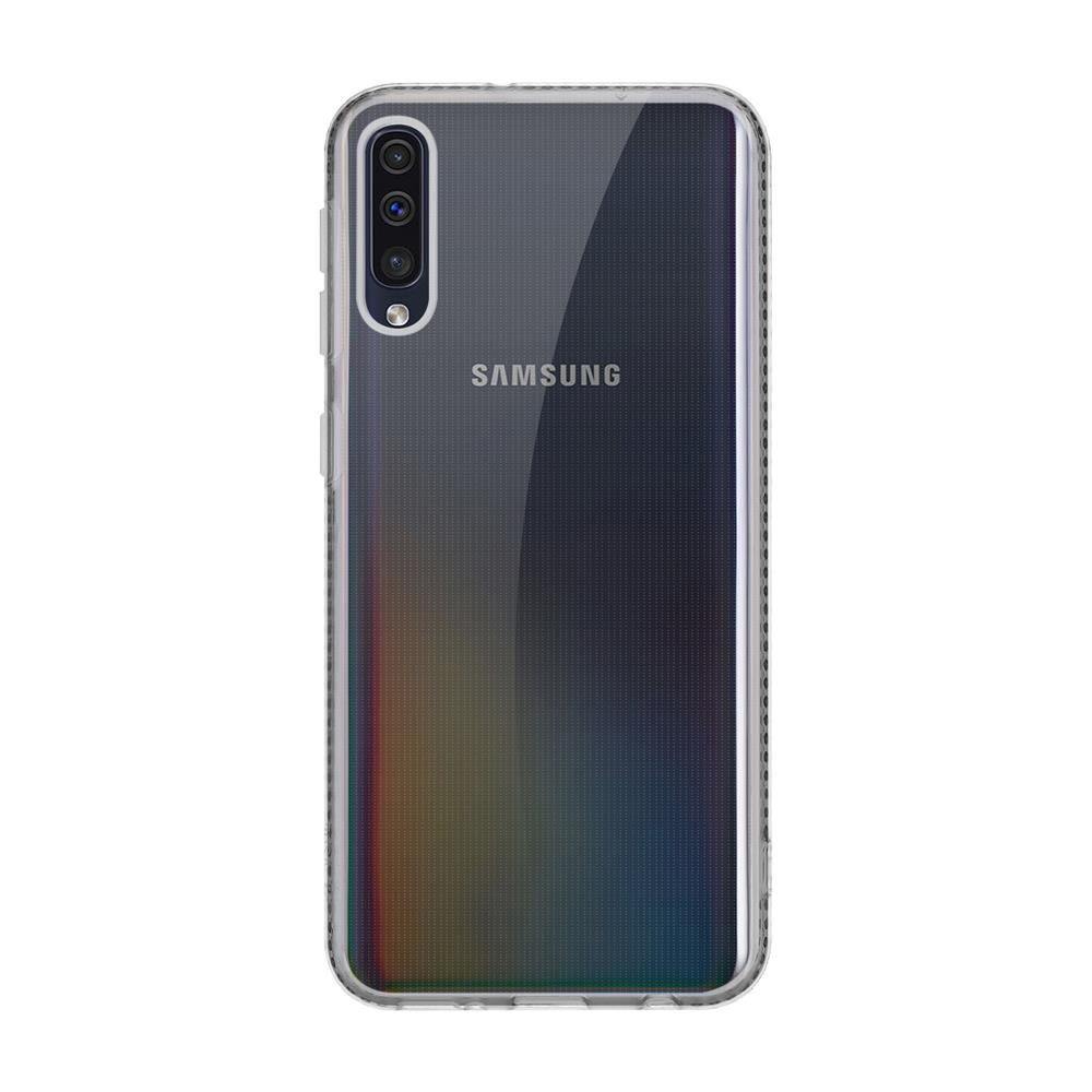 Un telefono Samsung trasparente con tre fotocamere in alto a sinistra.